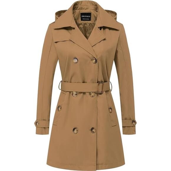 US Women's Trench Coat Double-Breasted Classic Lapel Overcoat Belted Slim - Picture 7 of 7